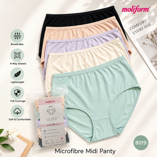 Moliform Microfibre Midi Panty 5-Pack Soft & Comfortable Full Coverage / Seluar Dalam Wanita 8019 S M L