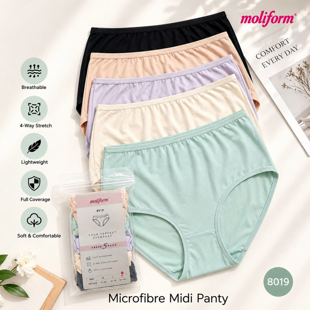 Moliform Microfibre Midi Panty 5-Pack Soft & Comfortable Full Coverage / Seluar Dalam Wanita 8019 S M L