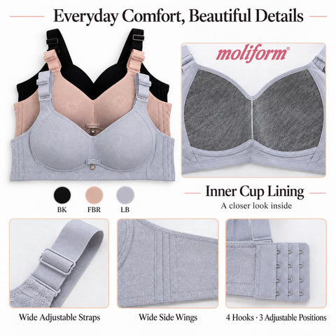 Moliform Wireless Thin-Cup Floral Lace Full Coverage Bra/Coli Tanpa Dawai Cawan Nipis Berenda Bunga Liputan Penuh- 7669